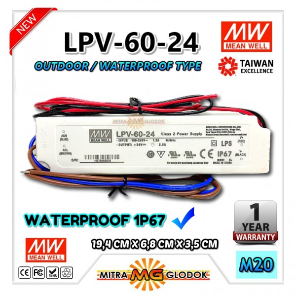 Power Supply Trafo Meanwell LPV-60-24 DC 24V 2.5A 60W | Mean Well (Waterproof)